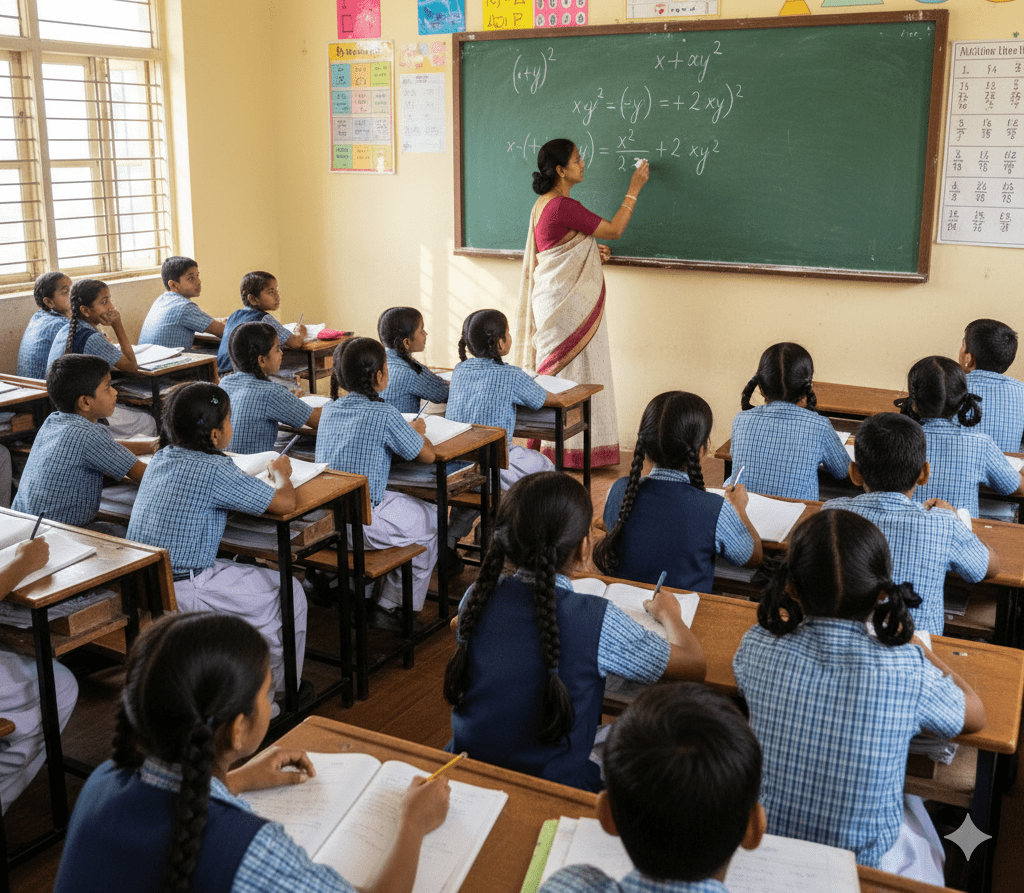 Students and teachers engaging in an interactive math workshop organized by Aganita India Foundation in India.